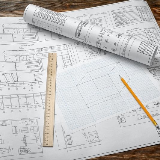 A set of open and rolled up blueprints on wooden table background with a pencil and a ruler lying beside. Engineering and design. Construction projects. Planning.