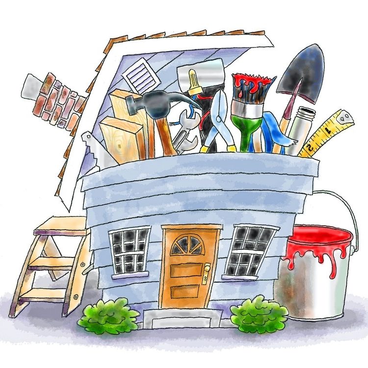 Cartoon illustration of a house full of home project items